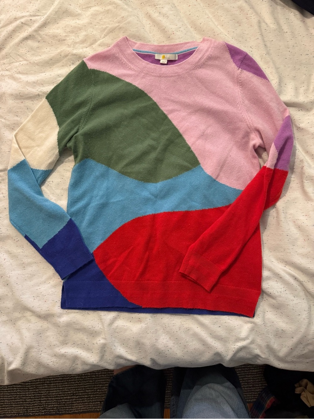 Boden Wave-Panel Crewneck Sweater in Pink, Red, Blue, Green & Purple CASHMERE